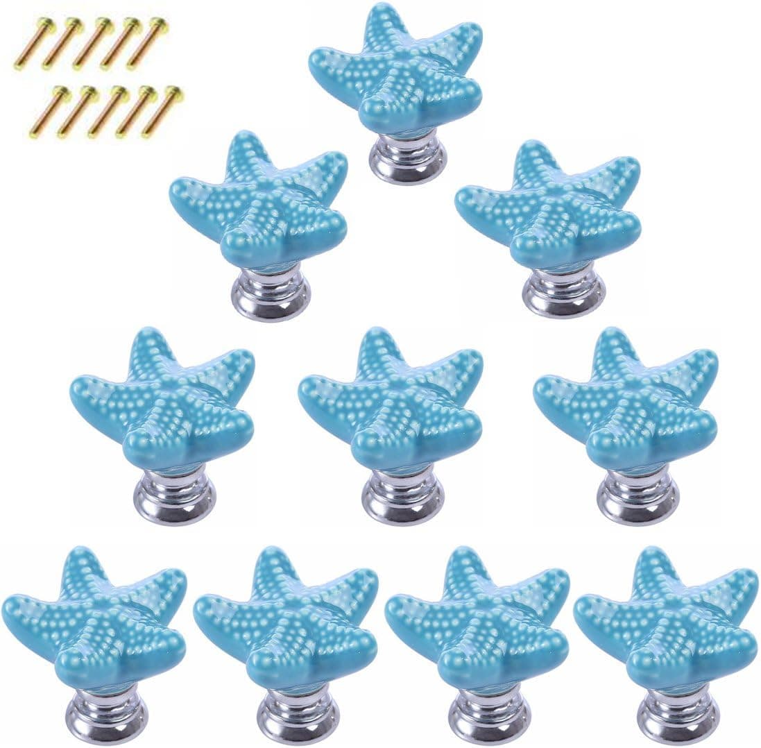 Haoun 10 Pack Starfish Dresser Knobs, Starfish Ceramic Knobs Handles Pulls for Drawer Cabinet Dresser,with Screws - Blue