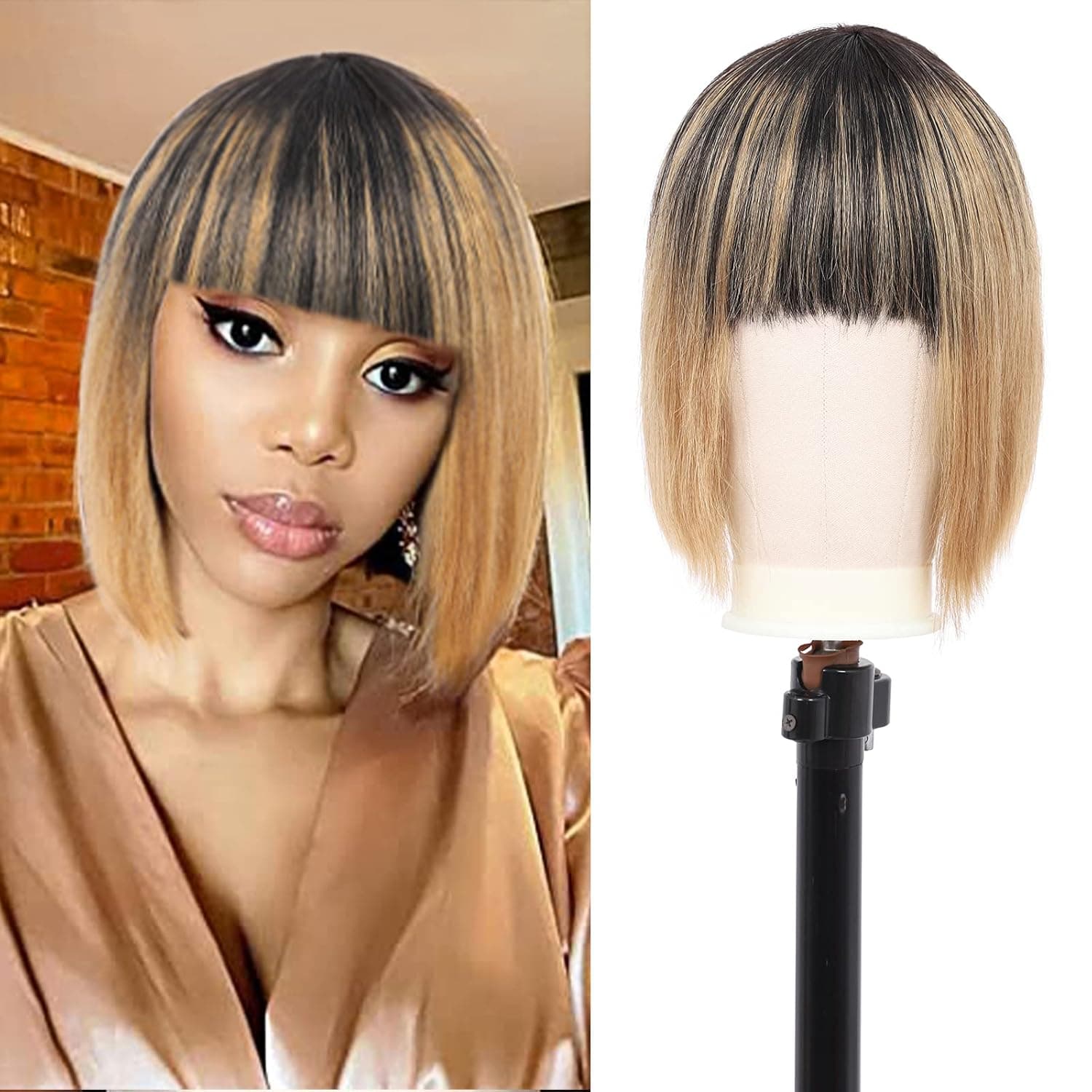 Brinbea 10" Short Bob Wigs for Black Women Human Hair Ombre Black to Brown Straight Bob Cut Brazilian Remy Real Hair Full Wig with Bangs for Women