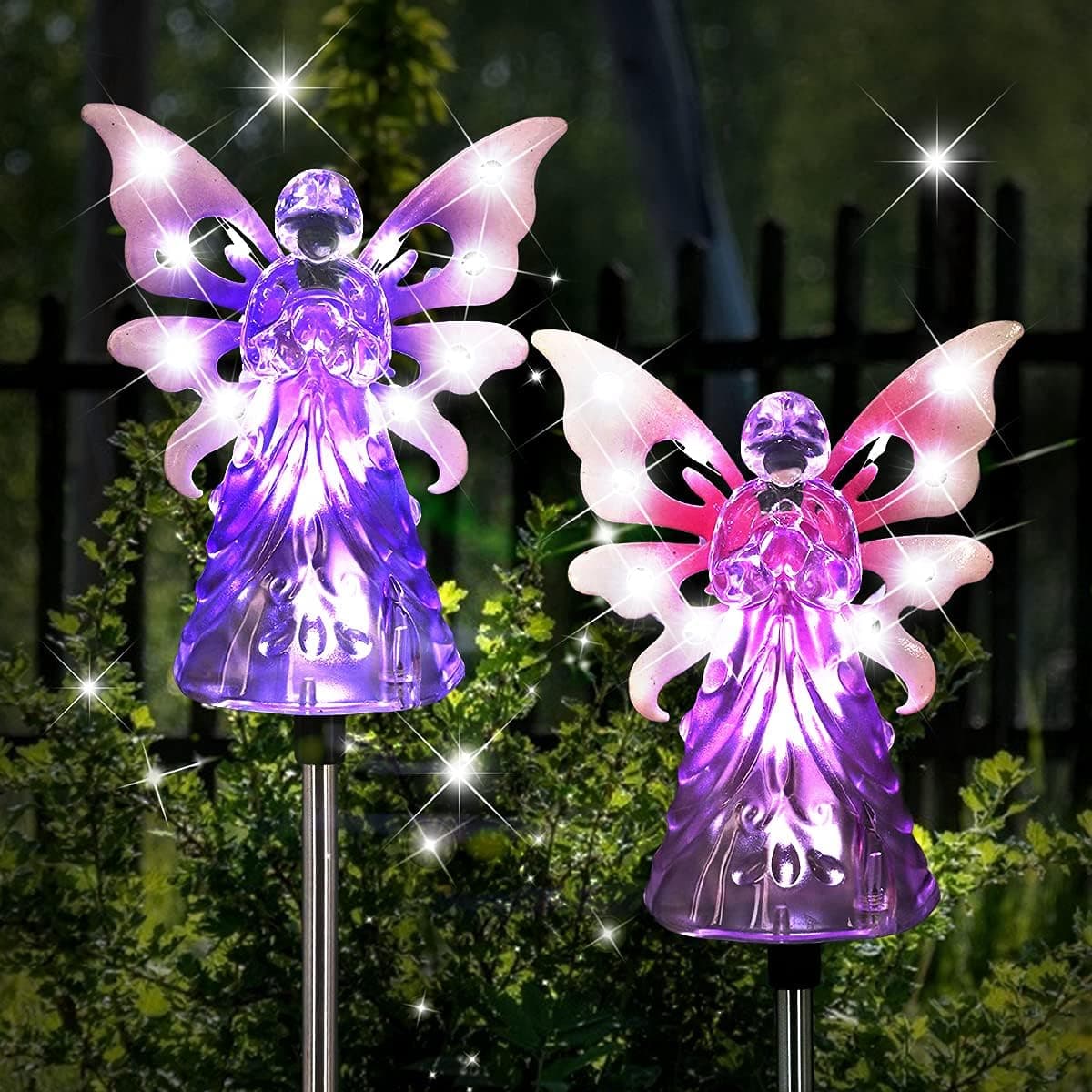 PERFECTOP Solar Angel Garden Stake Lights, 2 Pack Angel Solar Lights Outdoor Decorative Light with 12 LED Waterproof Outdoor for Yard Patio Cemetery Grave Christmas Yard Art Sympathy Gifts