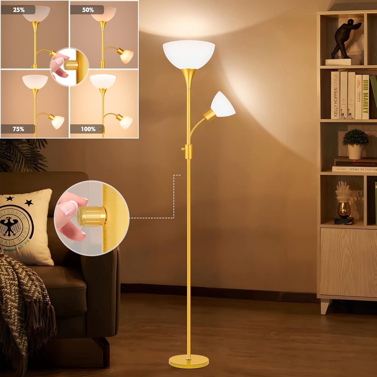 Dimmable Floor Lamp, 0%-100% Stepless Dimming,Rotary Switch,9W LED Torchiere Floor Lamp with 9W Adjustable Modern Tall Standing Lamps,Adjustable Gooseneck Reading Floor Lamp for Living Room,(Gold)
