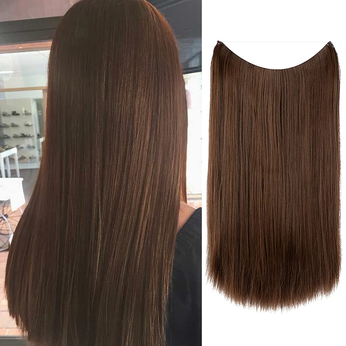 SARLA Brown Invisible Wire Hair Extensions Straight Adjustable Headband Long Synthetic Hairpieces 22 Inch for Women Heat Friendly Fiber No Clip