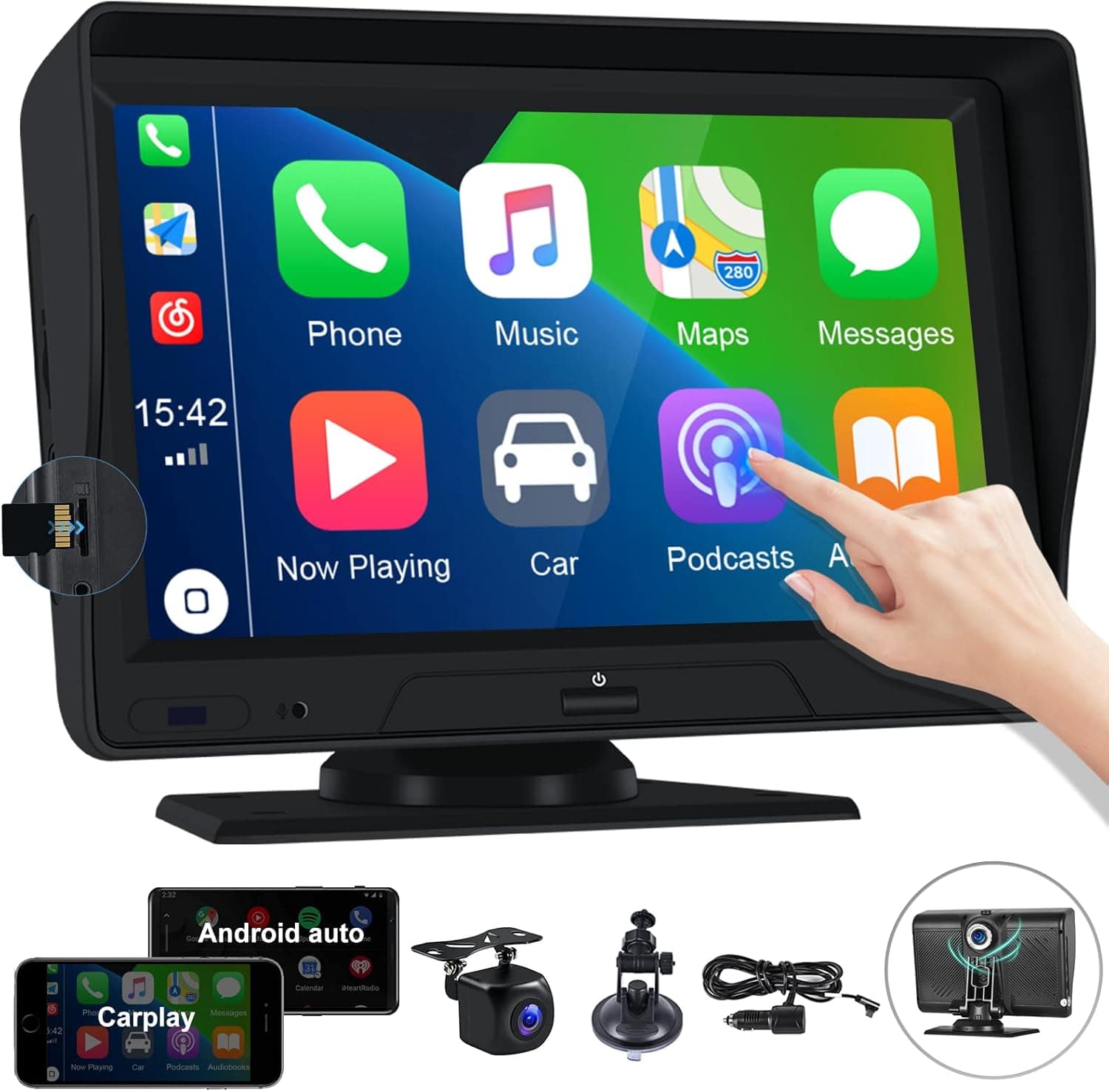 Dash Cam with Apple CarPlay&Android Auto, 7" Touch Screen Car Dashboard Camera Recorder with Dual Cameras, Split Display,Voice Control, 170° Wide Angle,WDR, Loop Recording,9-36V