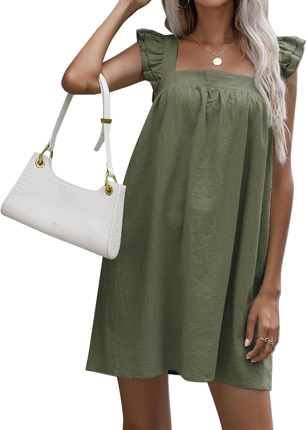 Halfword Summer Square Neck Ruffle Sleeve Dress for Women Off Shoulder A-Line Loose Swing Casual Mini Beach Dresses