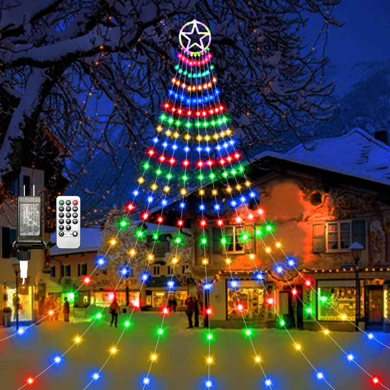 Outdoor Christmas Decorations Tree Lights with Remote, 10.4ft 324LED Waterfall Lights 8 Modes&Timer Christmas String Lights with Topper Star for House Holiday Party Christmas Yard Decor, Multicolor