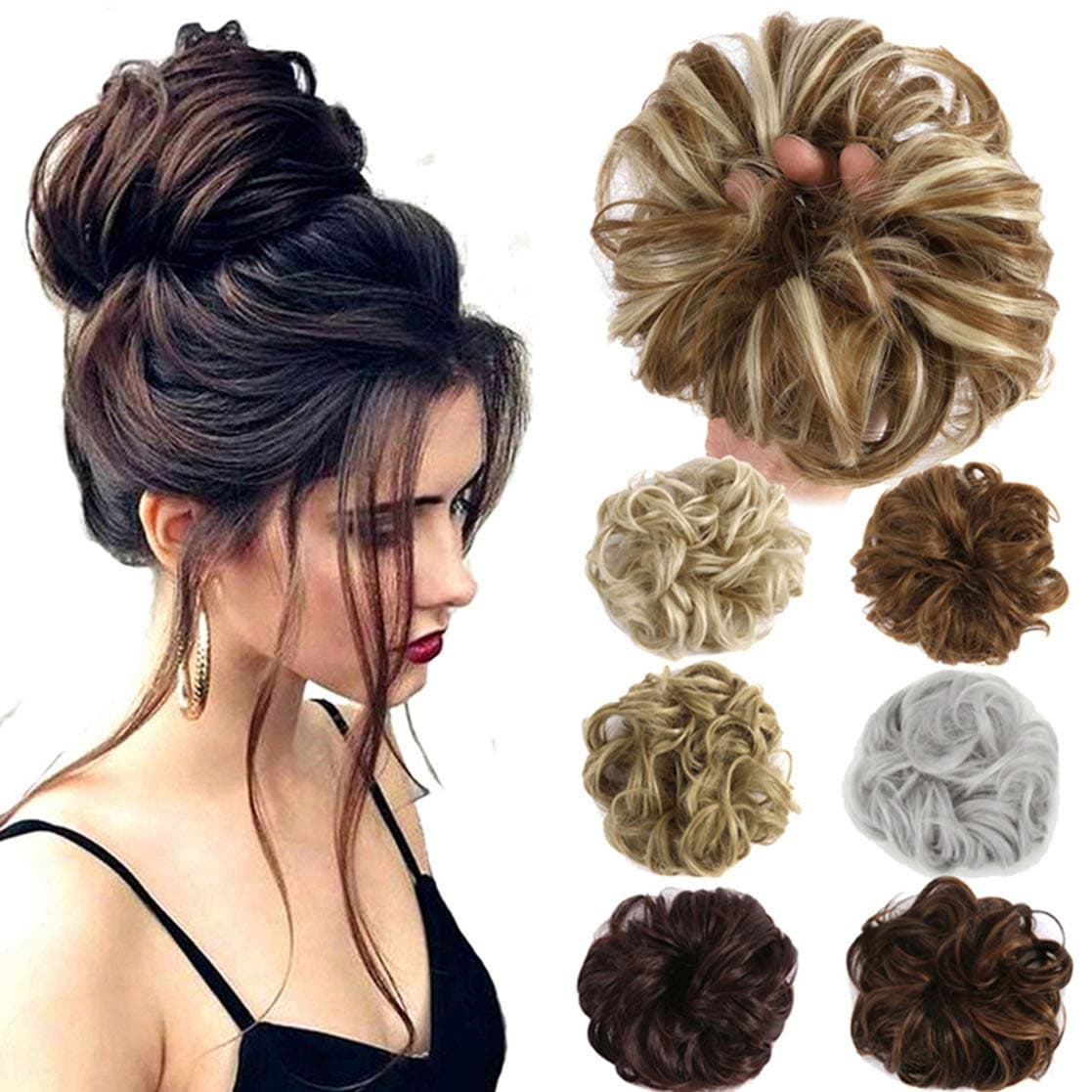 Lelinta Hair Bun Extensions Wavy Curly Messy Donut Chignons Hair Piece Wig Hairpiece Dark Brown Mix Light Auburn