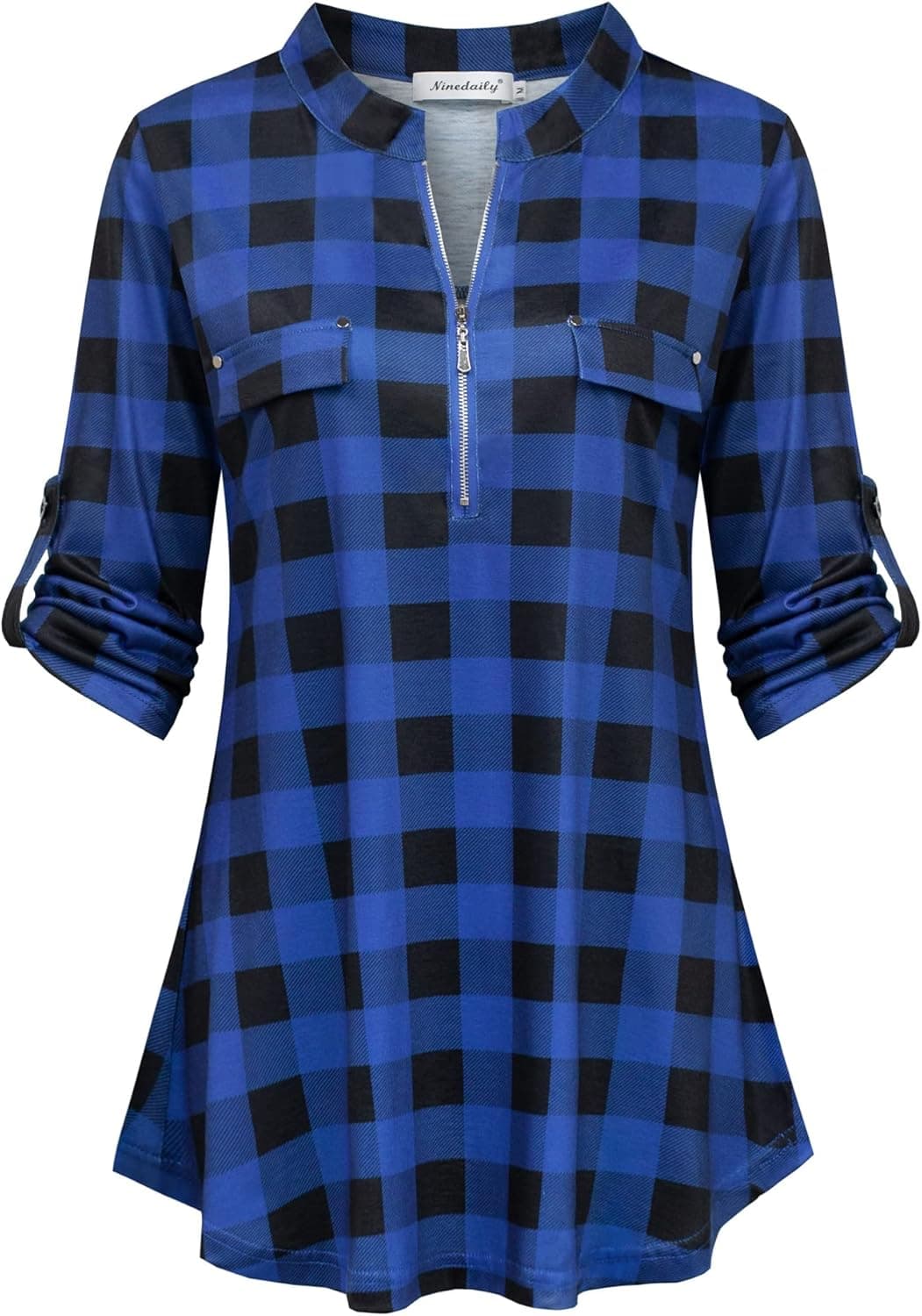 Ninedaily Women's 3/4 Sleeve Plaid Shirts Zip Floral Casual Tunic Blouse Tops