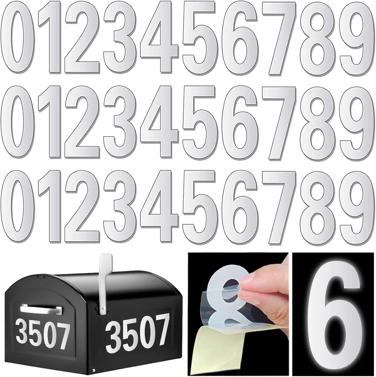 Reflective Mailbox Numbers Sticker - Vinyl Waterproof Numbers for Mailbox for Outside 30Pcs Large 3 Inch Self Adhesive Number for Mailbox, Door, Garbage Bins, Address Number (White)