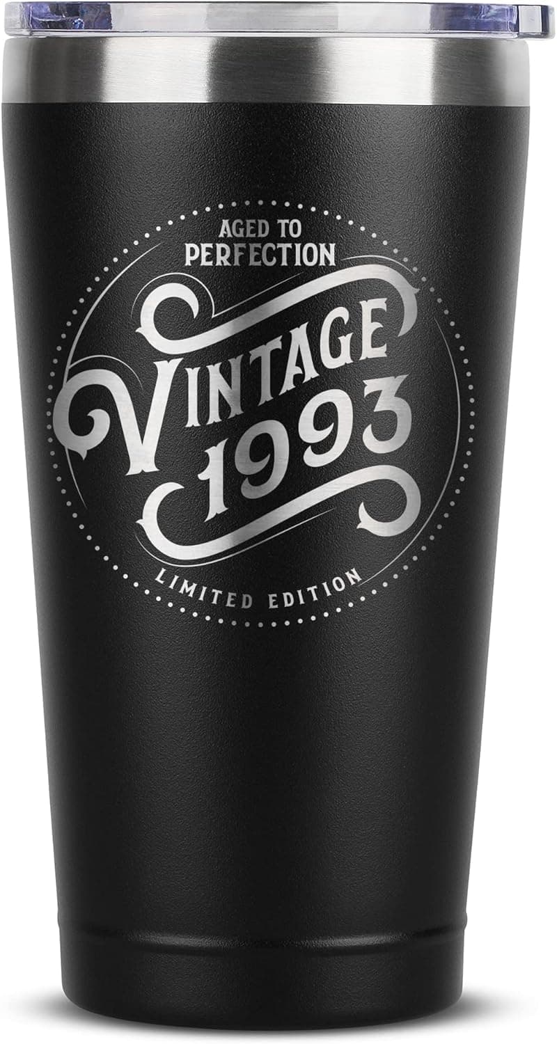 30th Birthday Gifts for Men - 1993 Vintage 16 oz Black Coffee Tumbler - 30th Birthday Decorations for Men - Birthday Gifts for 30 Year Old Man Dad Brother - Funny Gag 30th Birthday Idea Presents Men