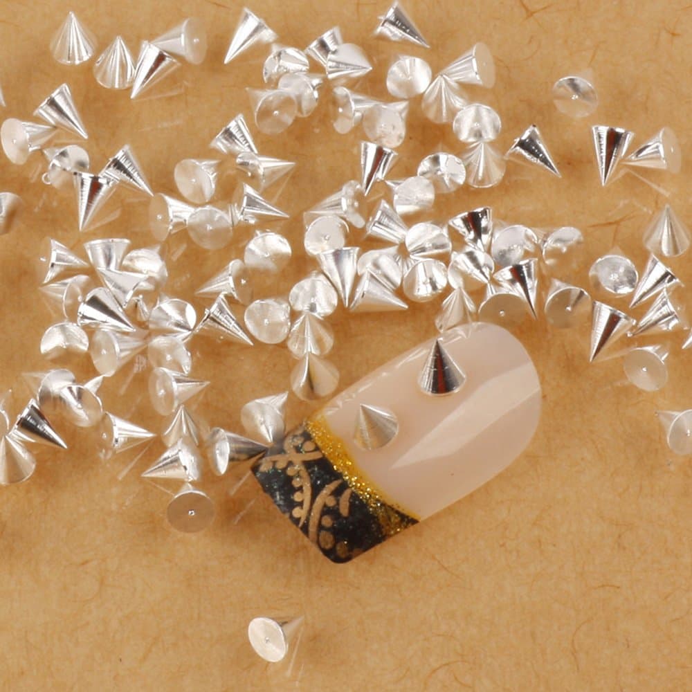 Nail Art Decoration By Catalina 100pcs 3mm Cone Metalic Silver Gold Color Spike Studs Nail Art Tiny Stick (Silver)
