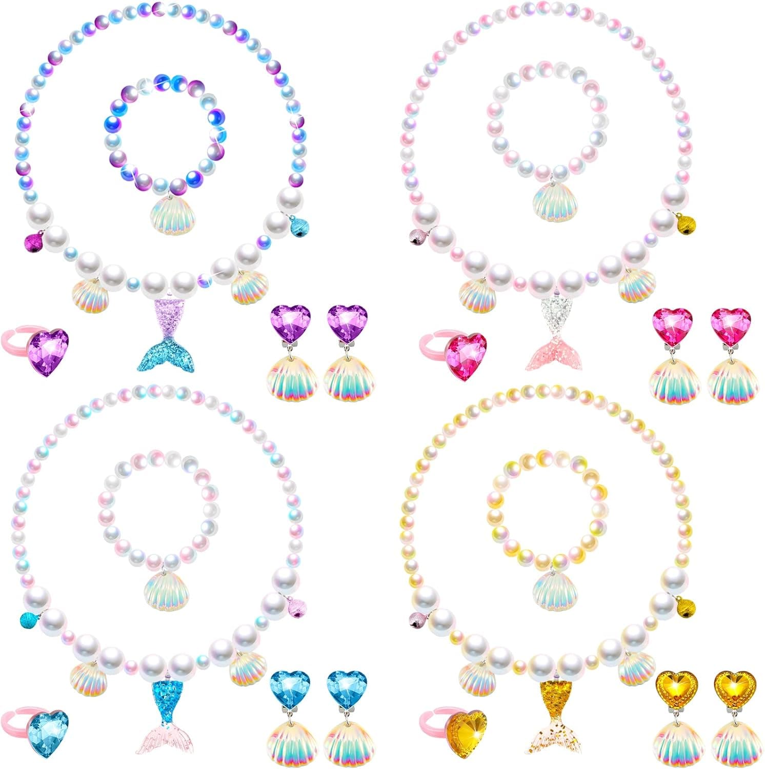 4 Set Mermaid Jewelry Kit Mermaid Necklace Bracelet Set Mermaid Birthday Decorations Party Favors Includes Princess Mermaid Necklace Shell Bracelet Earrings Rings for Girls Costume Jewelry Supplies