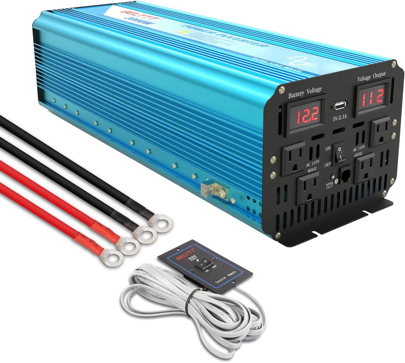 BELTTT 3000W Pure Sine Wave Power Inverter 12V DC to 120V AC with 4 AC Outlets and LED Display, USB Charging Port, Remote Switch, Solar Wind Outdoor Camping RV Truck Van