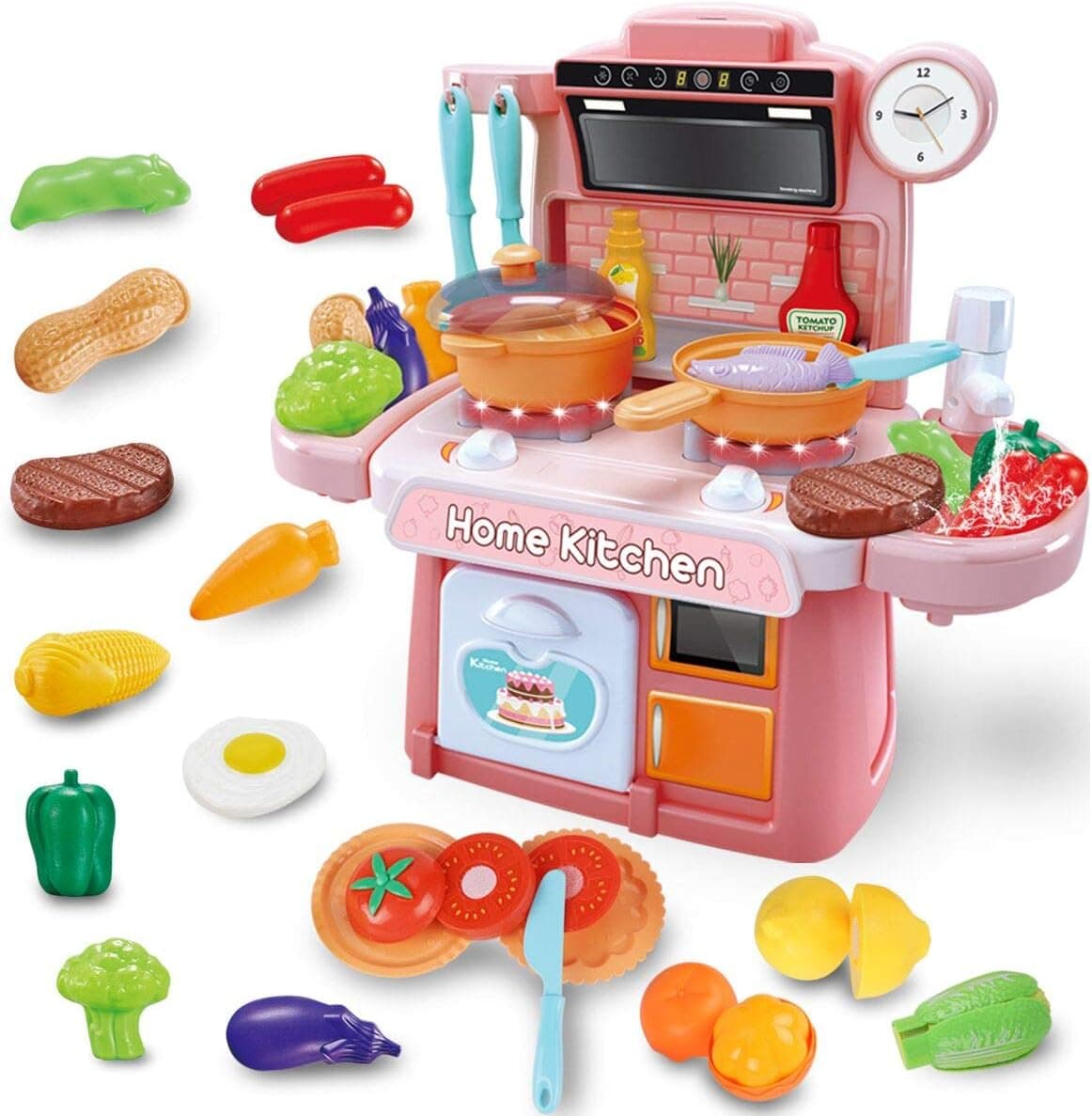 GILOBABY Mini Kitchen Playset, Pretend Play Cooking Toys with Realistic Sink and Play Food Accessories, Ideal Early Learning Educational Role Play Toy Birthday for Kids Toddler Children