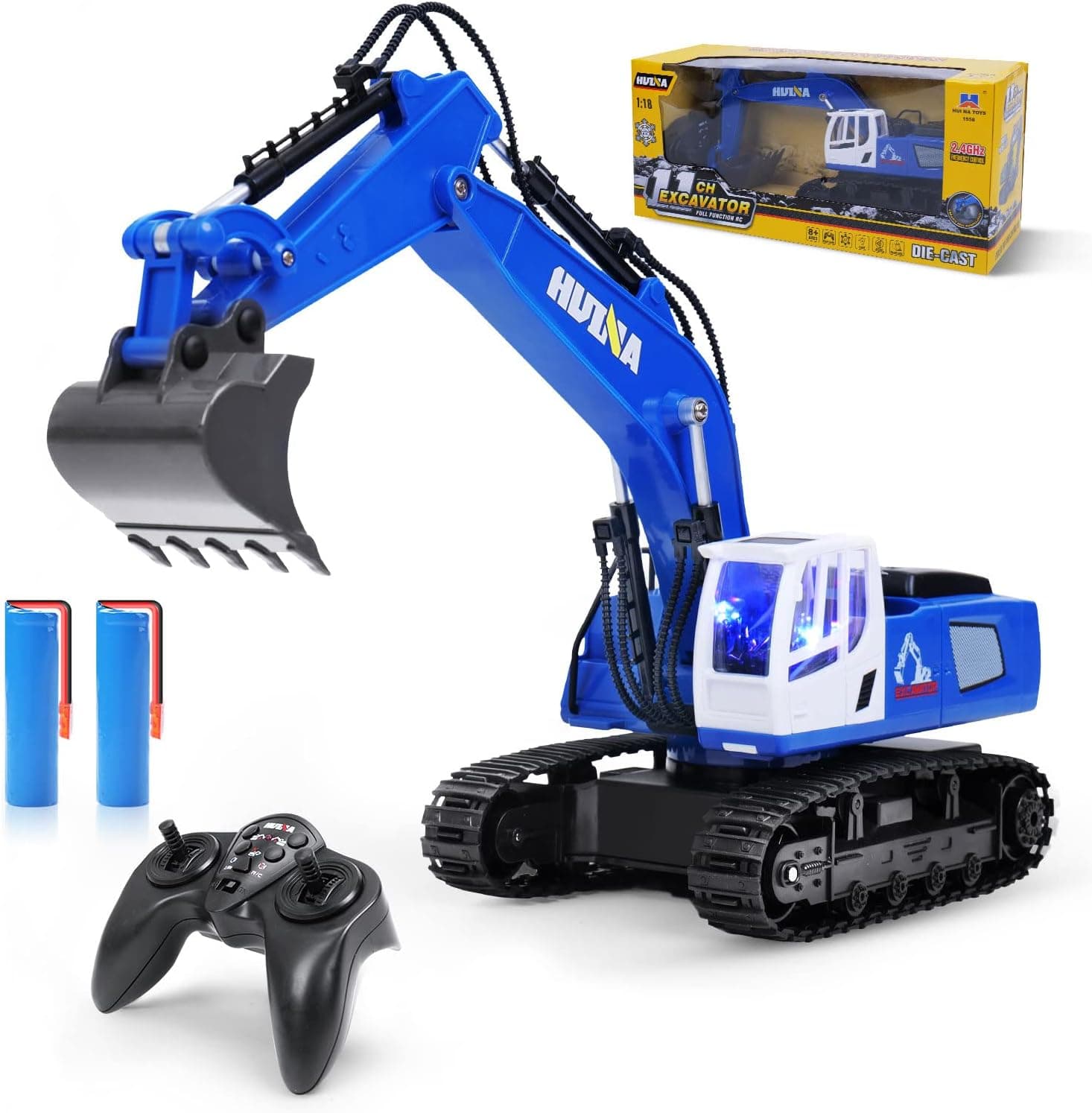 LANSAND Remote Control Excavator Construction Toy for Boys,11 Channel Full Functional, 1:18 Scale, 2.4Ghz, RC Excavator Toy Grave Digger with LED Light, Metal Shovel, 2 Batteries 60 Mins Play