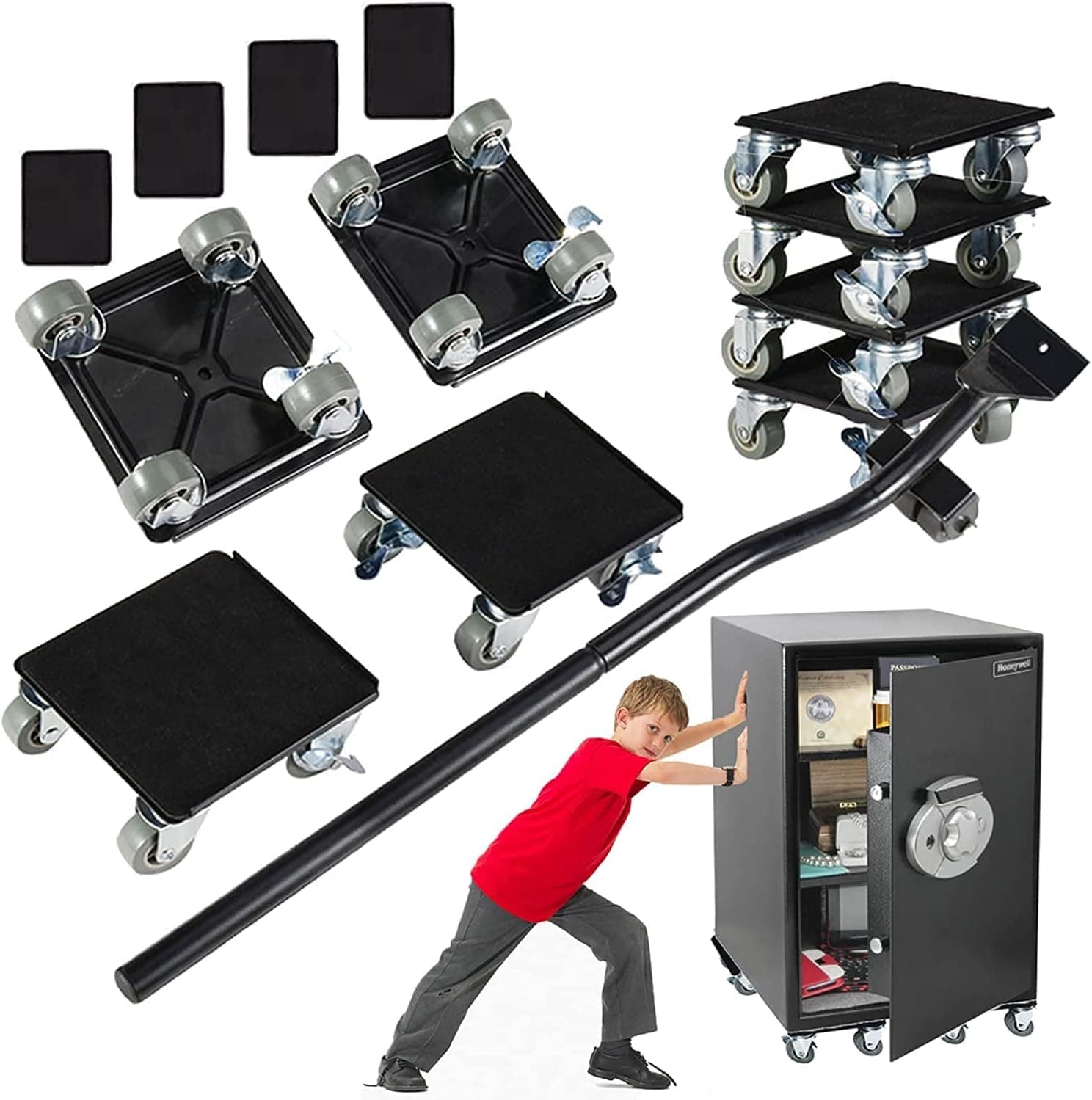 Furniture Sliders Dolly Movers, Furniture Moving Tools, Heavy Duty Furniture Lifter Kit, Safe Transport Tool Include 4 Universal Wheel Sliders and Crowbar, for Various Furniture