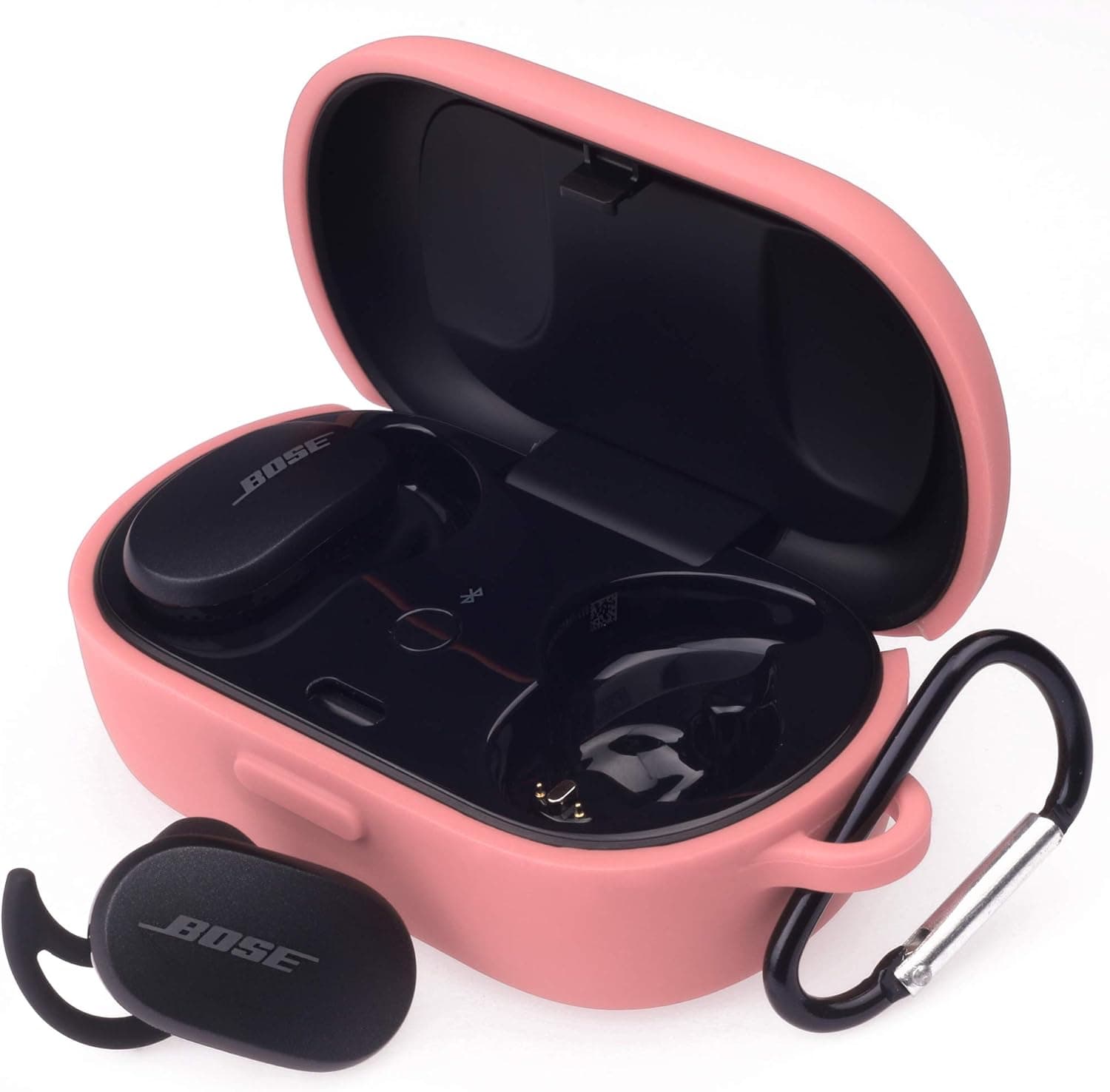 Silicone Case for Bose QuietComfort Earbuds Case (Not Fit for Bose Sport Earbuds) Bose QuietComfort Noise Cancelling Case Cover Anti-Fall Earphone Case with Carabiner (Pink)
