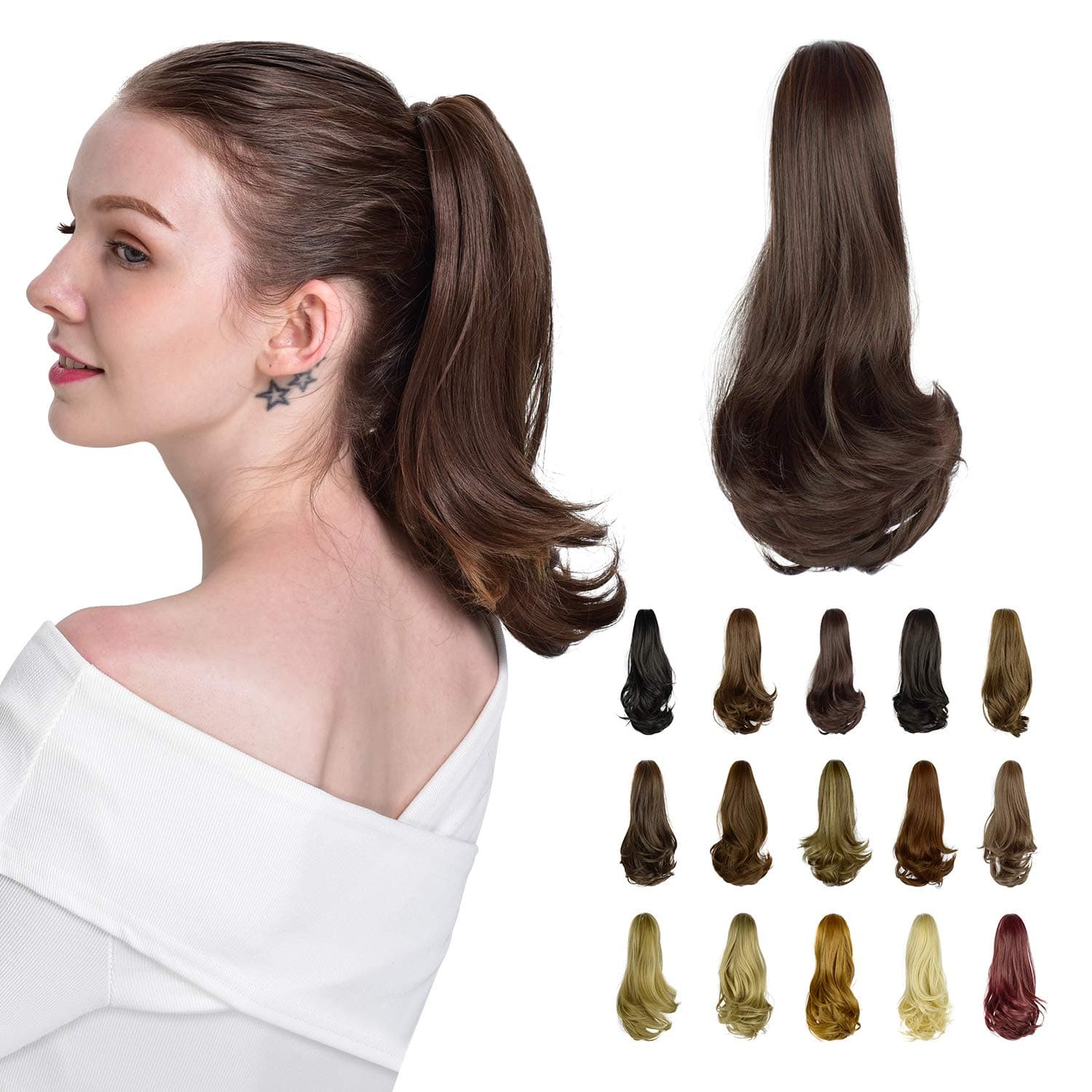 FESHFEN Hair Ponytail Extensions, 15" Claw Clip on Hair Piece Pony Tail Wavy Synthetic Natural Looking Hairpieces for Women