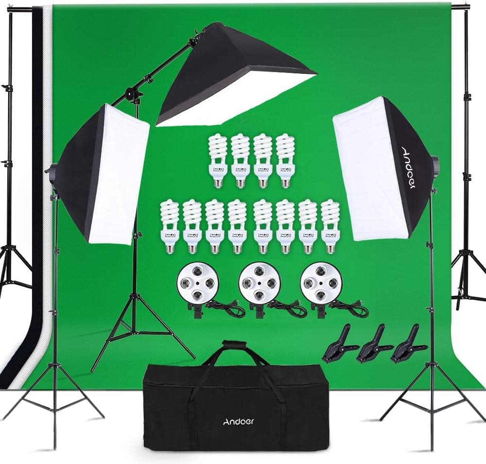 Andoer Photography Studio Lighting Kit and 6.6ft x 10ft Background Support System, Including 3pcs Backdrops(White/Black/Green) Screen with 3 pcs 20x28 Inch Softbox for Video, Portrait, Product Shoot