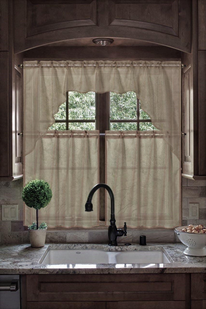 Gorgeous Home Linen (#66) New Kitchen Collection 3pc Set Thin Transparent Voile Sheer Kitchen Curtain Window Dressing in Solid Colors (Taupe TAN)