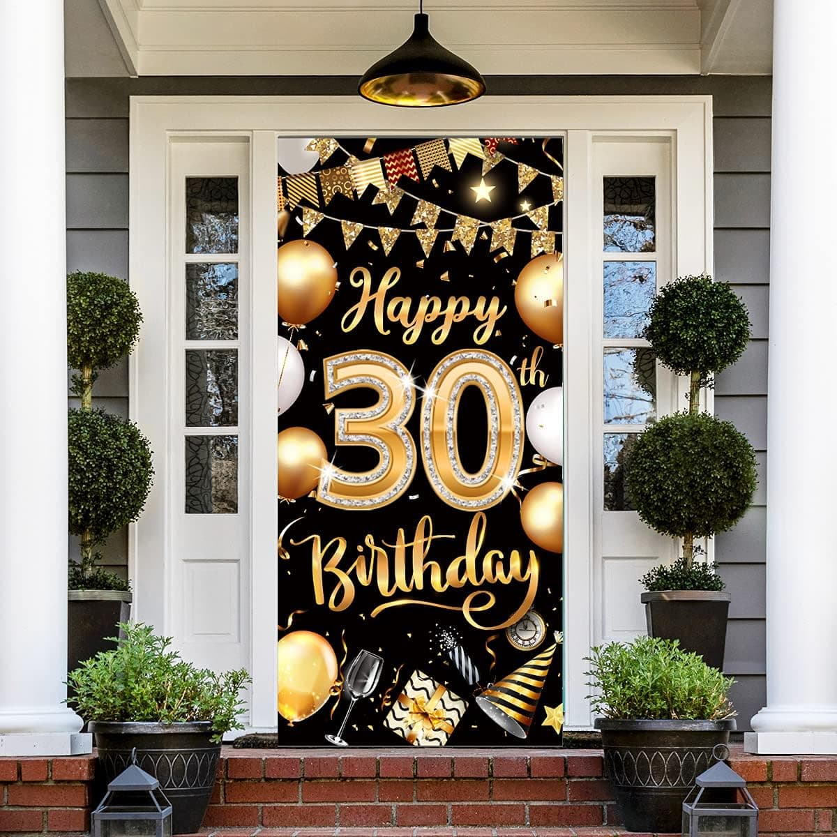 Happy 30th Birthday Party Decorations Door Cover Banner,Black Gold 30th Year Old Birthday Party Backdrop Supplies,Large Fabric Porch Sign Photo Booth Background