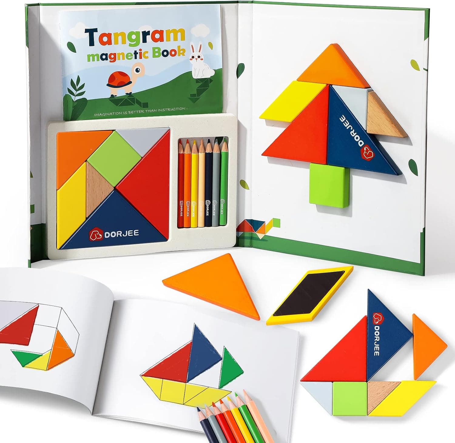 Dorjee Pattern Blocks Tangram, Brain Teaser Puzzle Games for Kids Age 4-8, Airplane Travel Essentials Kids Toys,Book Package with Magnetic and Inspiration Book