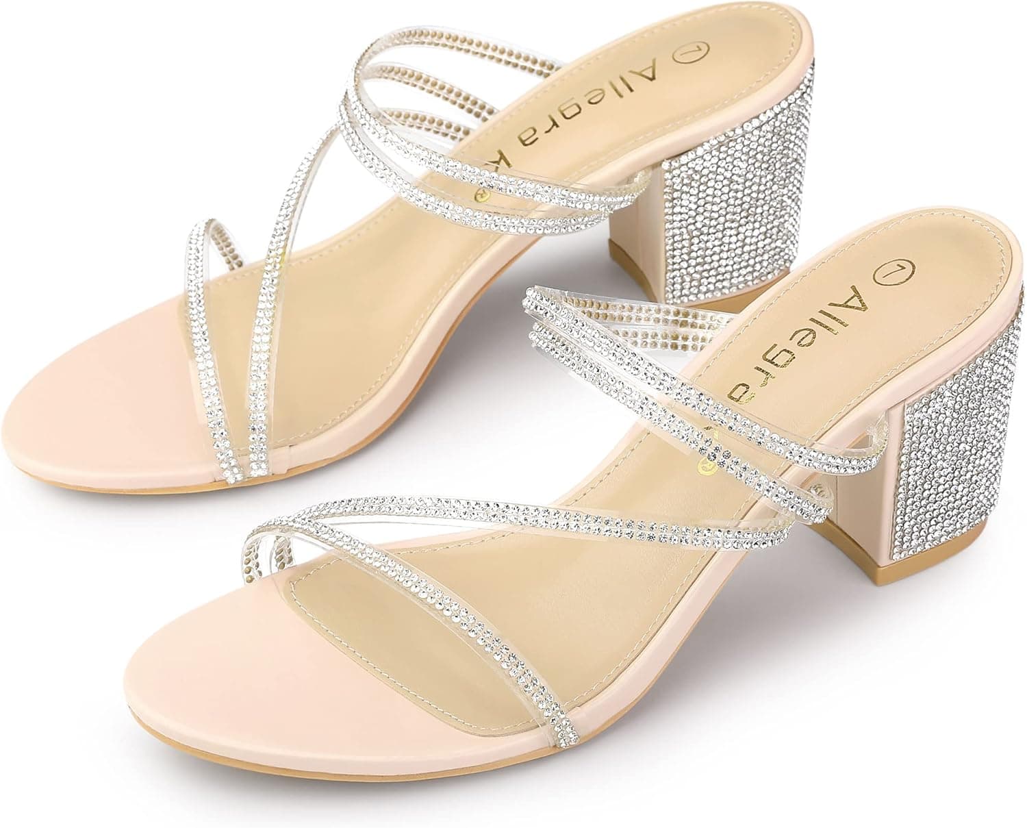 Allegra K Women's Strappy Rhinestone Block Heel Slide Sandals