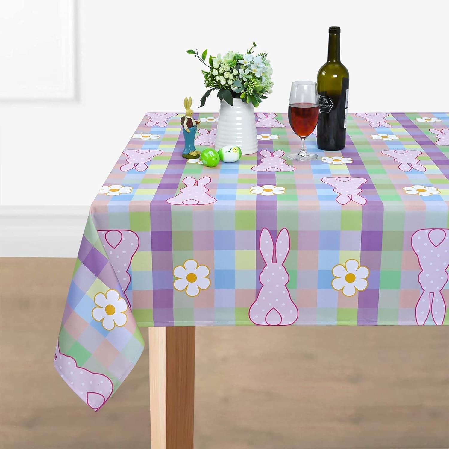 ASPMIZ Easter Bunny Tablecloth, Flowers Rabbit Table Cloth, Buffalo Plaid Checkered Tablecloths, Spring Floral Waterproof Tablecloth Rectangle for Dinner Party Decoration, 60 x 84 inch
