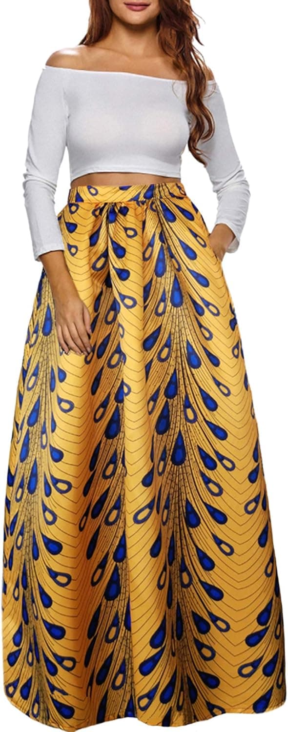 Sinono Women's African Printed Maxi Skirt Flared A Line Long Skirts