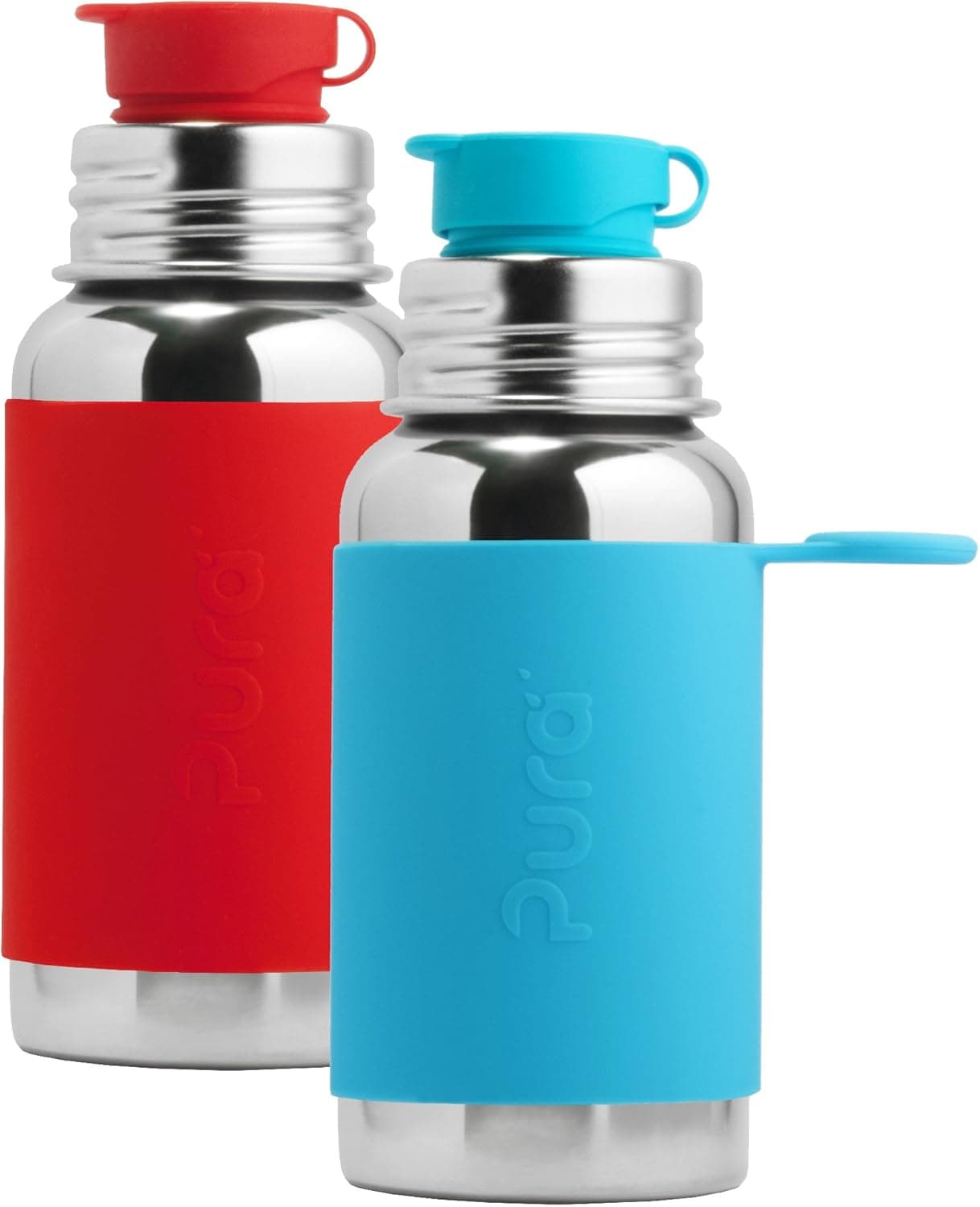Pura Sport Stainless Steel 100% Plastic-Free Bottle with Silicone Sport Top, 18 Ounce, Set of 2 - Red and Aqua