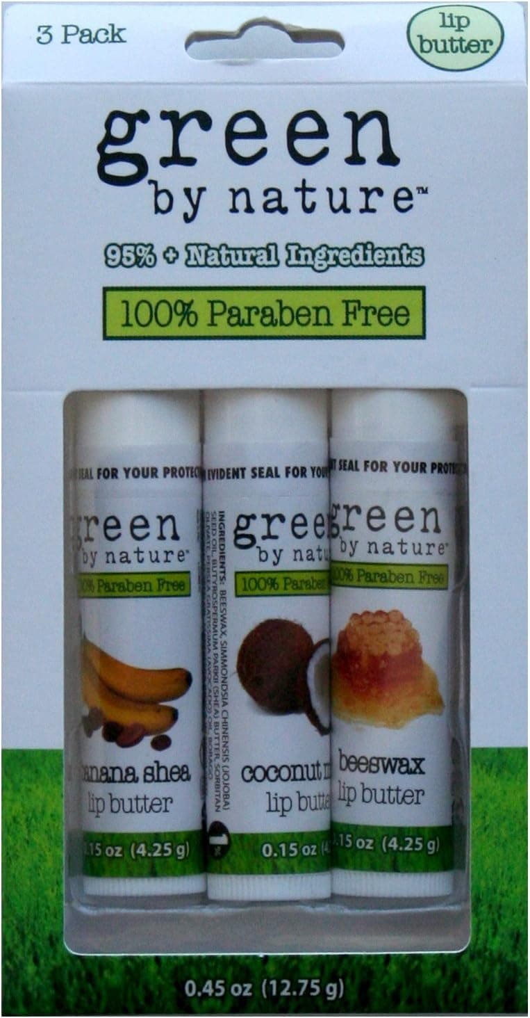 Green by Nature Paraben Free Lip Butter Balm 3 Pack - Beeswax, Banana Shea, Coconut Milk