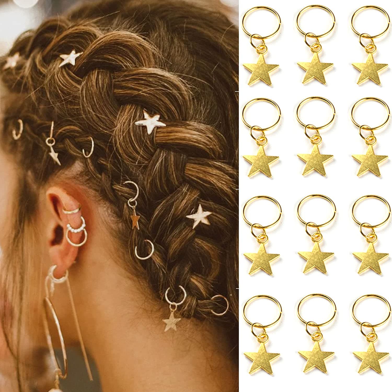 NAISKA 12PCS Gold Star Hair Braid Charm Five-pointed Stars Pendant Dreadlock Clips Accessories Hair Jewelry for Women Braids Hair Accessories Braid