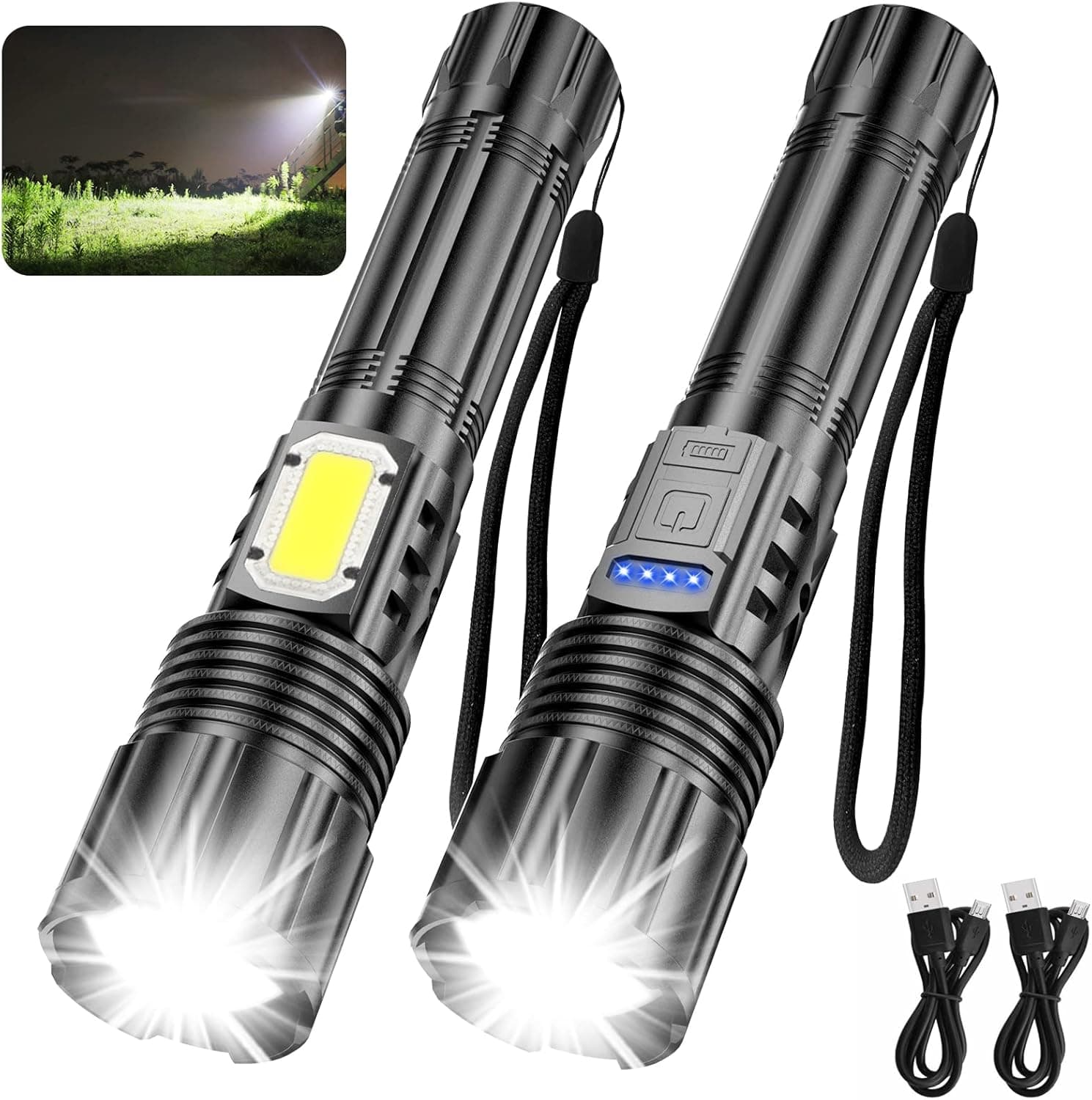 2 Pack Rechargeable Flashlights 10000 Lumens with Cob Sidelight,Waterproof,Zoomable,5 Modes,LED Flashlight for Emergency Camping Hiking(With Battery)