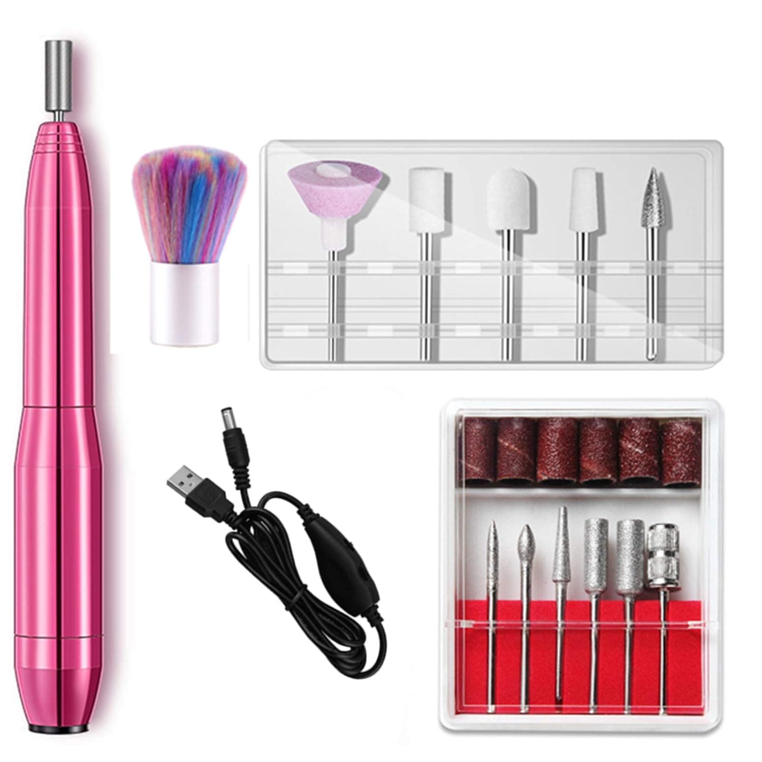 Professional Electric Nail Drill Kit, USB Manicure Pedicure Nail File Drill Tools Gel Nails, Home, Salon Use with Changeable Drills, Sand Bands, Brush for Exfoliating, Polishing, Nail Removing(Pink)