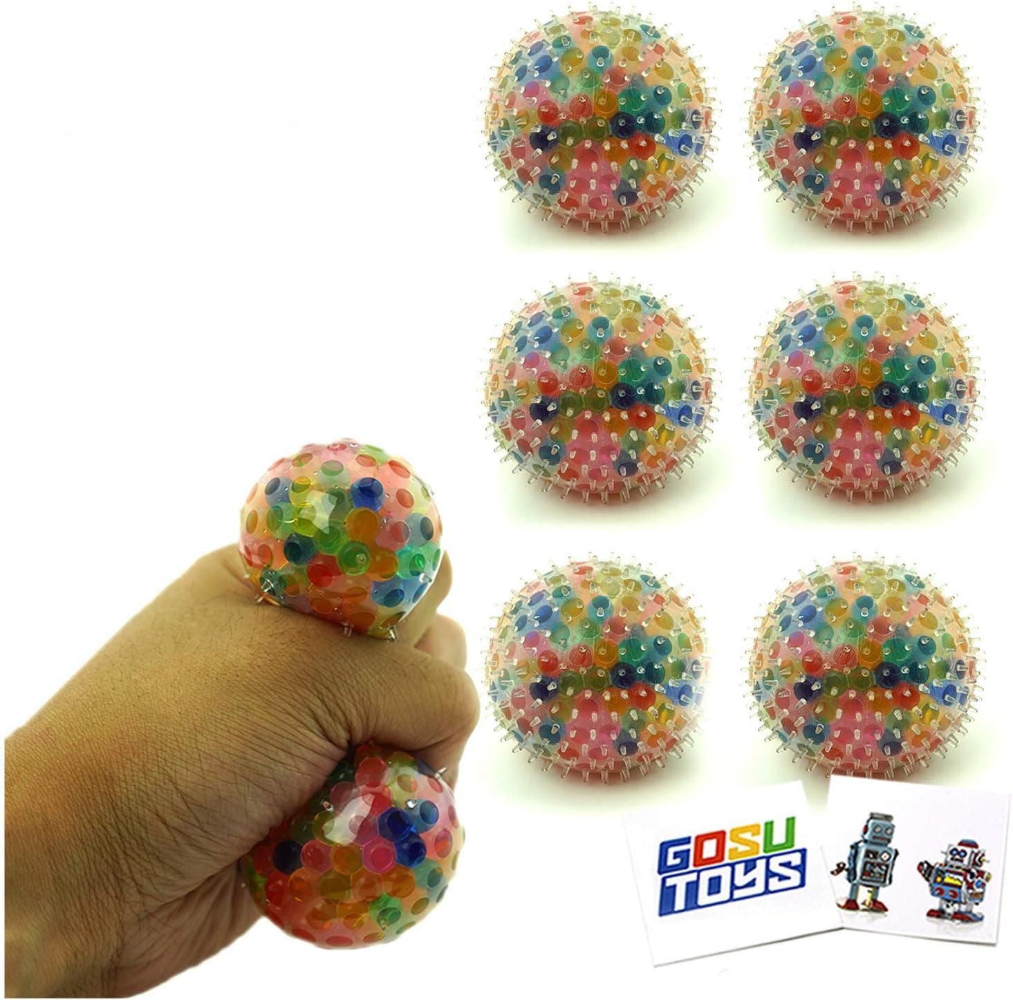 Globbie Soft Spiky Squeeze Ball (6 Pack) Filled with Multiple Colored Squishy Jelly Beads with 2 GosuToys Stickers