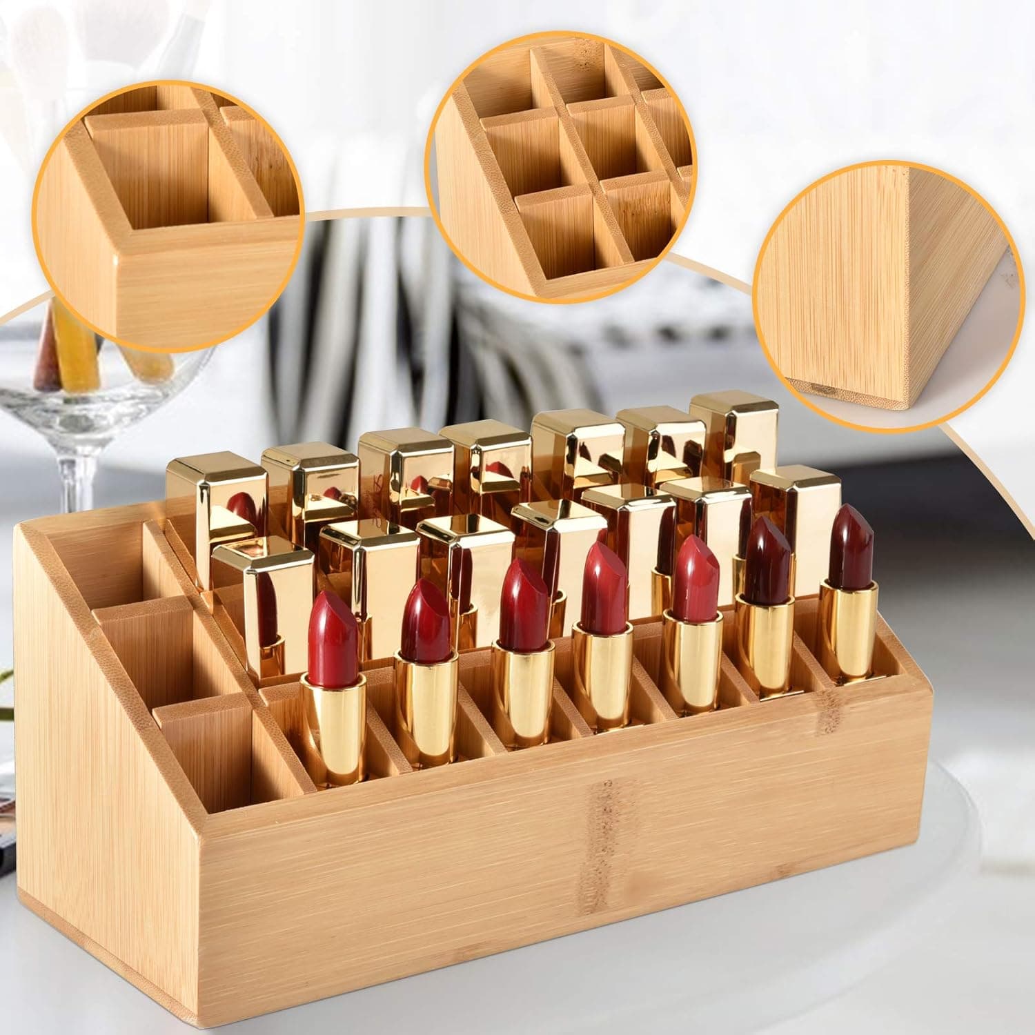 Bamboo Lipstick Holder, 24 Spaces Lipstick Organizer Display Stand Cosmetic Makeup Organizer for Lipstick, Brushes, Bottles, and More, Gift for Mom & Women Natural Bamboo
