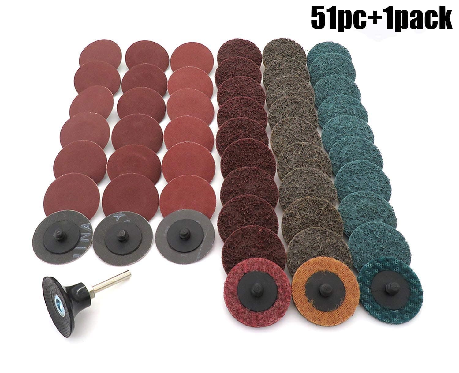 2 Inch Sanding Discs, Fine Medium Coarse Assorted Pack - 51PCS Roll Lock Surface Conditioning Discs R-Type Quick Change Disc with Disc Pad Holder, for Die Grinder