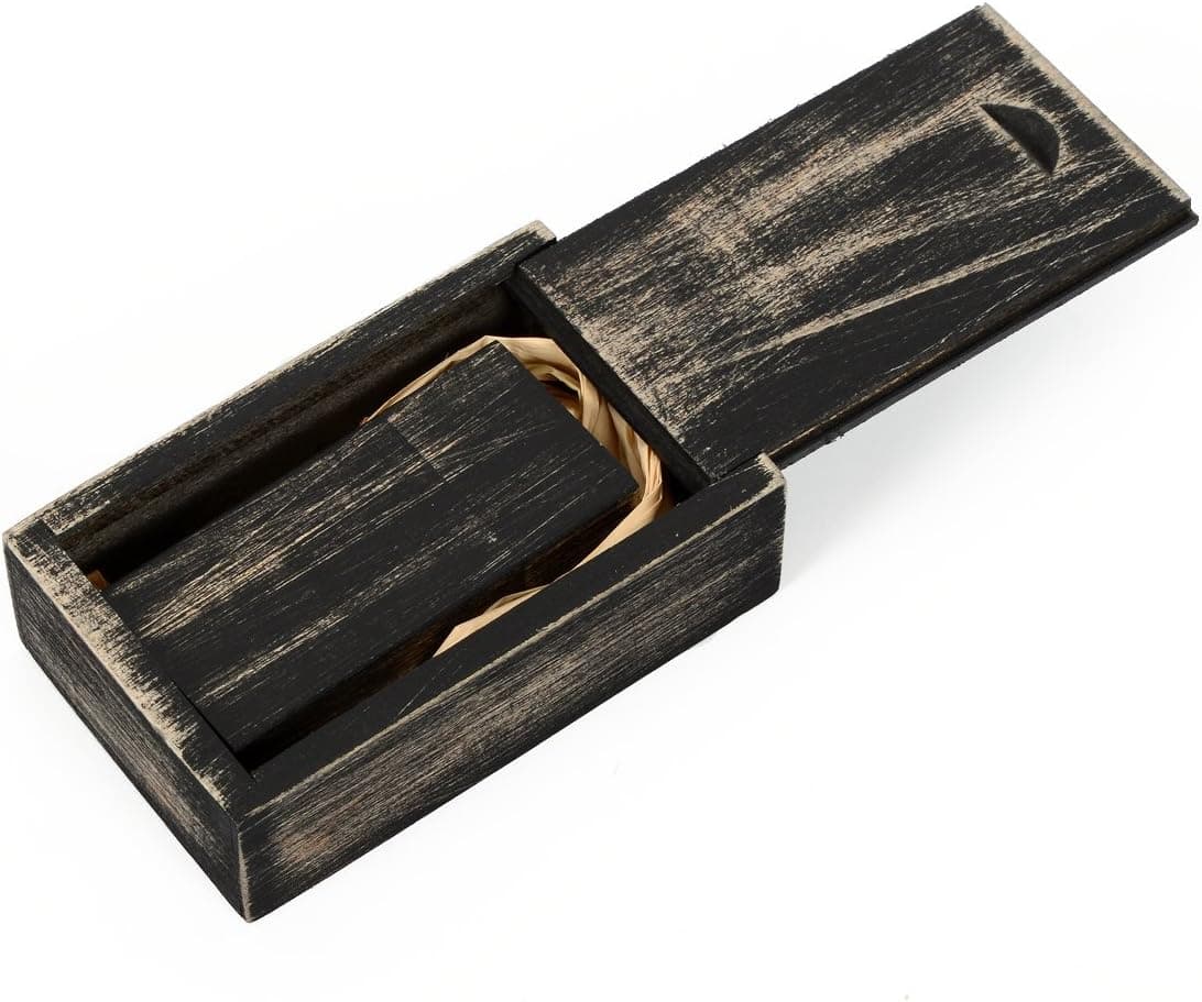 8GB Black USB Flash Drive Thumb Drive - Stained in Nightshade Black - Inserted into a Miniature Matching Maple Wood Stained Box bedded in Raffia Grass