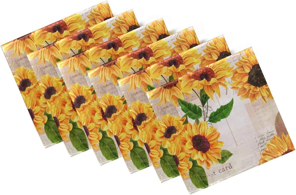 ZzWwR Stylish Vibrant Sunflowers Postcards Vintage Pattern Cloth Napkins, Set of 6 20 x 20 Inch Soft & Comfortable Polyester Dinner Napkin for Family, Restaurant, Weddings