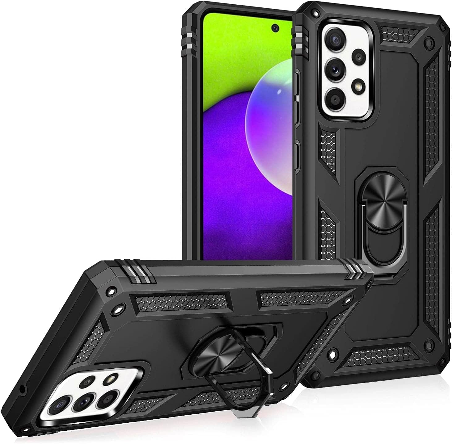 NALIA Ring Cover Compatible with Samsung Galaxy A52 5G / A52 / A52s 5G Case, Kickstand Mobile Skin with 360° Finger Holder, Protective Hardcase & Silicone Bumper for Magnetic Car Mount, Color:Black