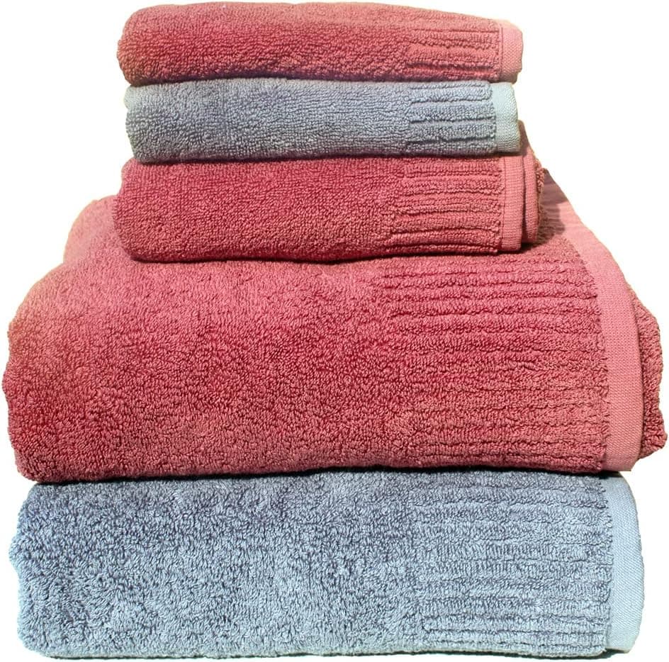 Bath Towel Set for Bathroom, 100% Cotton 6 Piece Shower Towels - 2 Large Multicolor Towels, 2 Hand Towels, 2 Washcloths (Dull Red/Grey, 6-Piece Towel Set)