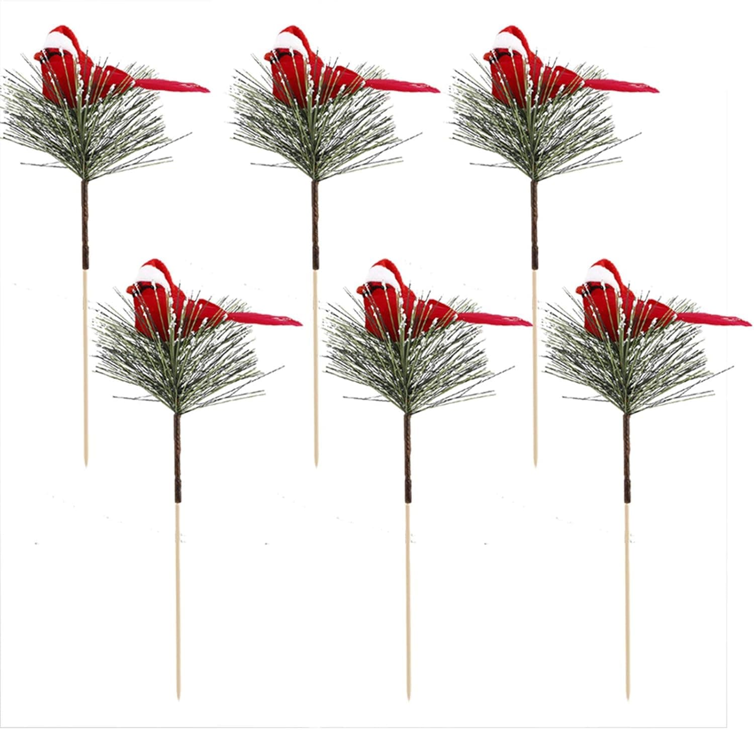 WDDH 6Pcs Red Cardinals Birds on a Stick, Christmas Cardinals Floral Picks, Artificial Christmas Birds with Red Hat on Pine Stem, Christmas DIY Ornament for Home Holiday Decor