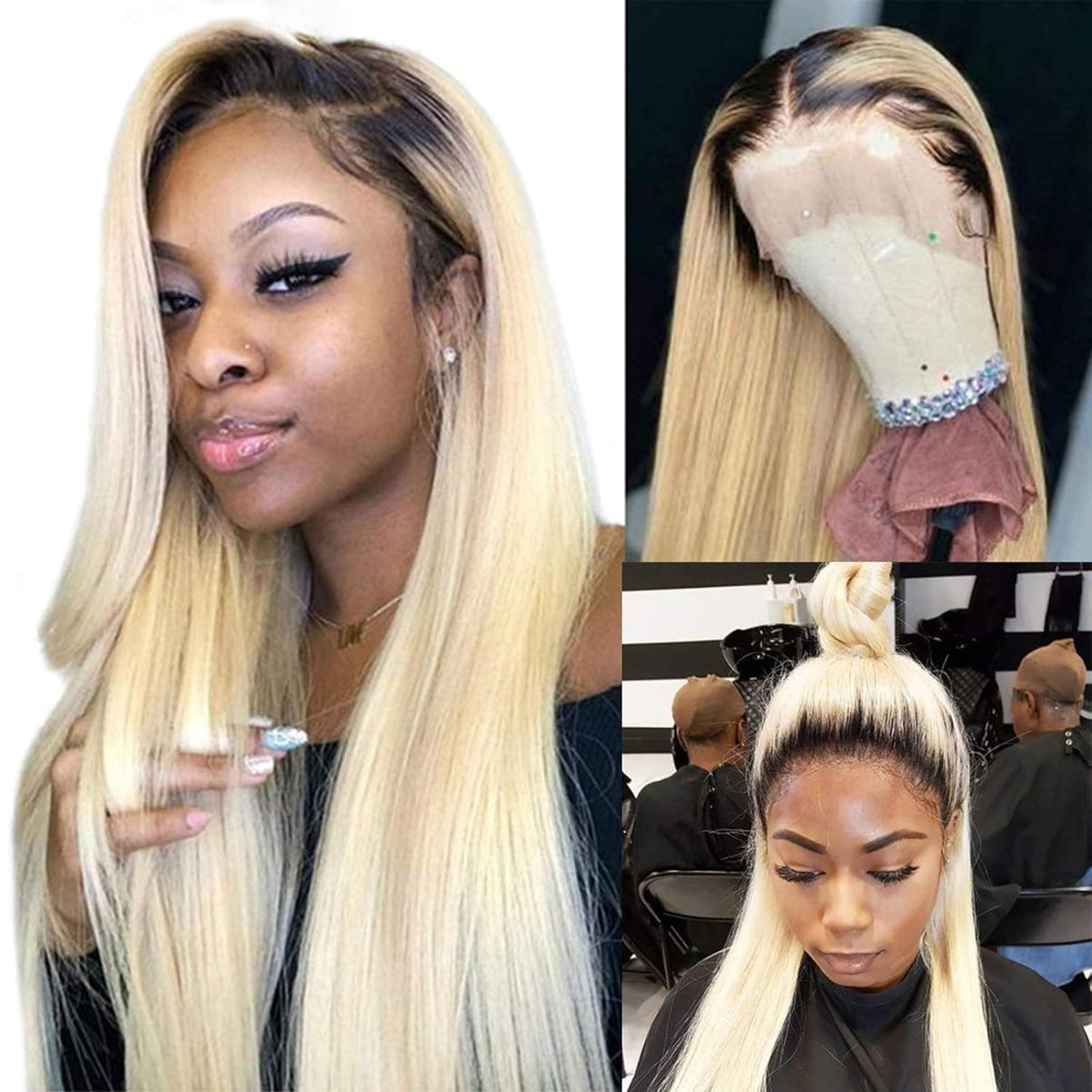 BESFOR Black Roots Blonde Lace Front Wigs 20 Inch Real Human Hair Lace Wig Full Ends 150% Density Straight Ombre Blonde 613 Lace Frontal Wigs Half Hand Tied with Natural Hairline