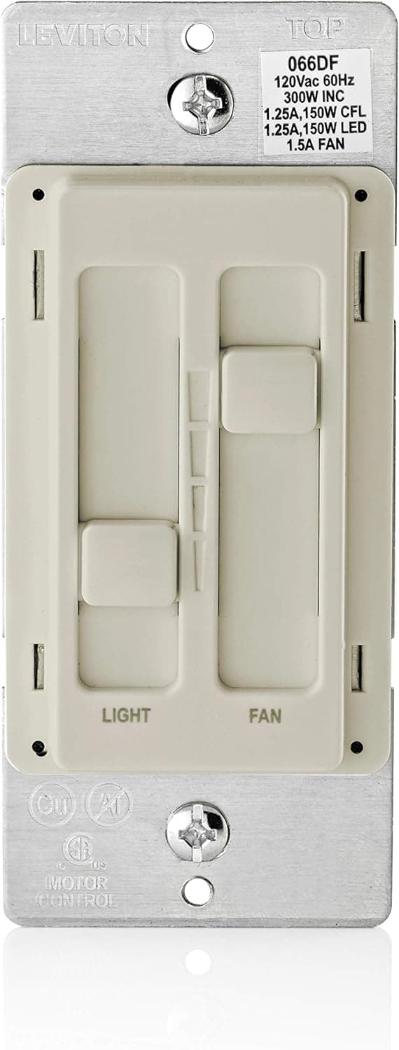 Leviton 66DF-10T SureSlide Dual Quiet Control for 150W LED, 300W Incandescent/Halogen, 1.5 Amp Fan, 120V, Light Almond