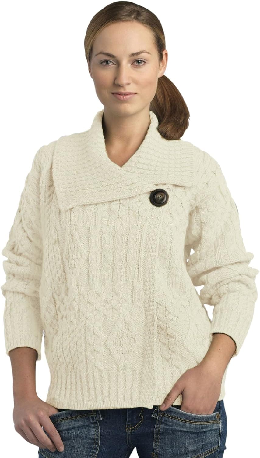 100% Soft Irish Merino Wool One Button Aran Ladies Sweater by West End Knitwear