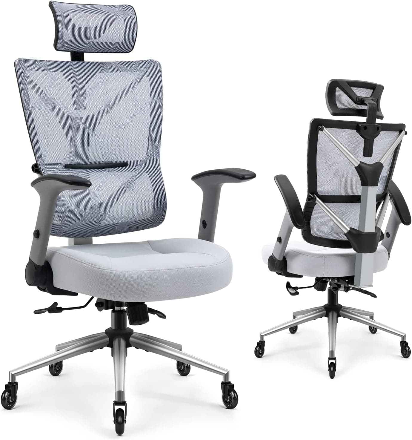YAMASORO High Back Ergonomic Mesh Office Chair, Metal Frame Home Office Desk Chair with Adjustable Arms, Headrest and Extra Seat Cover, Light Grey
