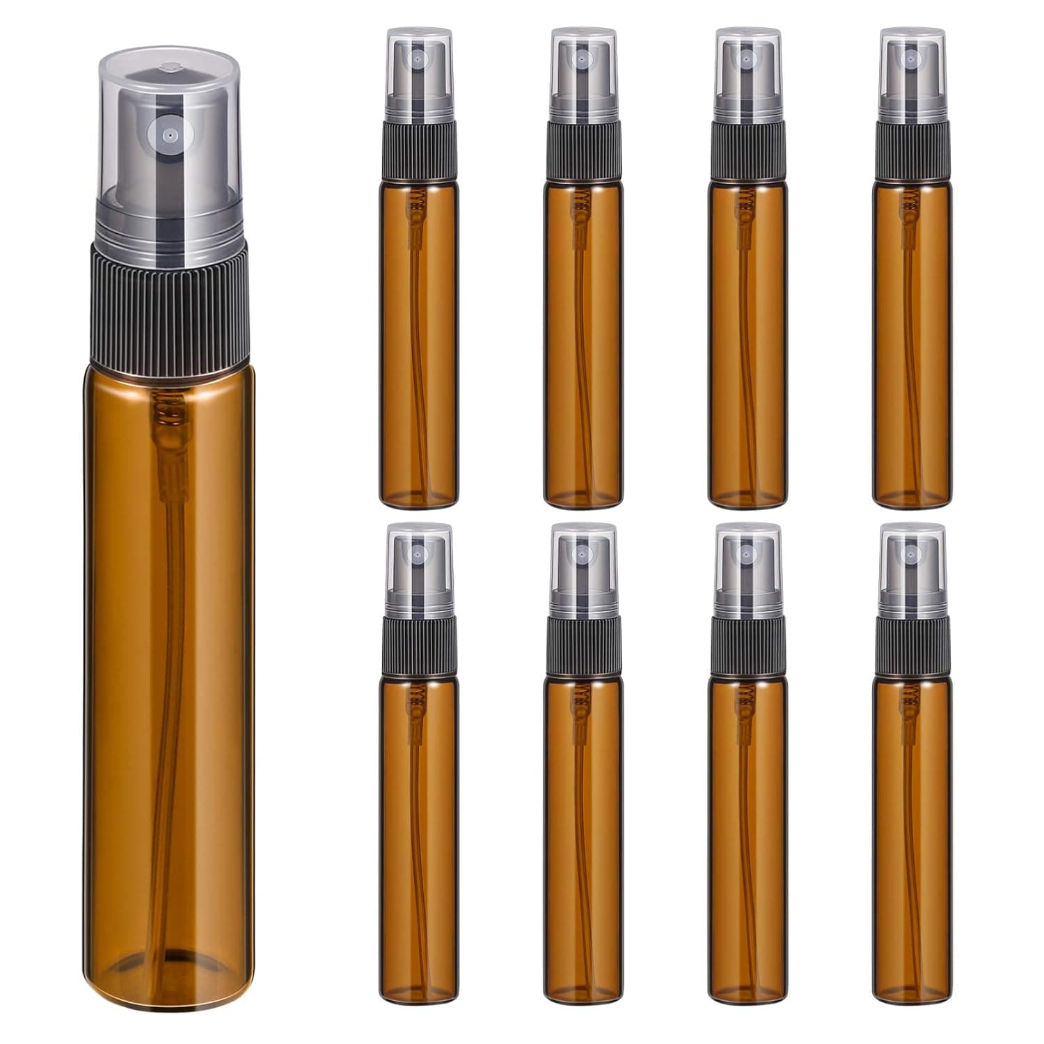 Minkissy 10Pcs Mini Glass Spray Bottles 10ml Amber Fine Mist Spray Bottles Perfume Mouthwash Cosmetics for Cleaning, Travel, Essential Oils