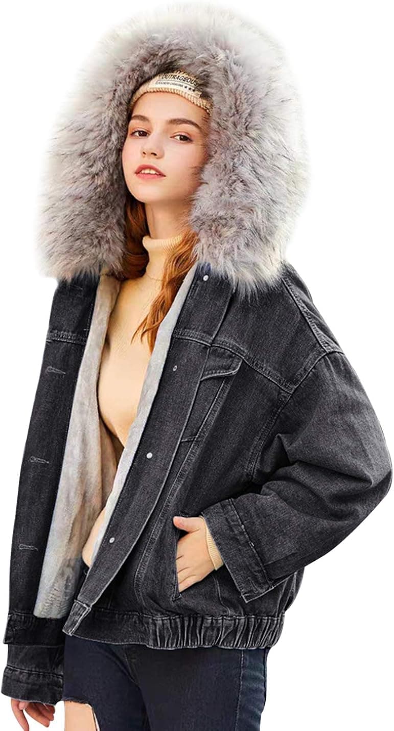 Gihuo Women Denim Jackets with Fur Hoodie Jean Jackets Outwear Winter Fur Collar Coat (Black, Medium)
