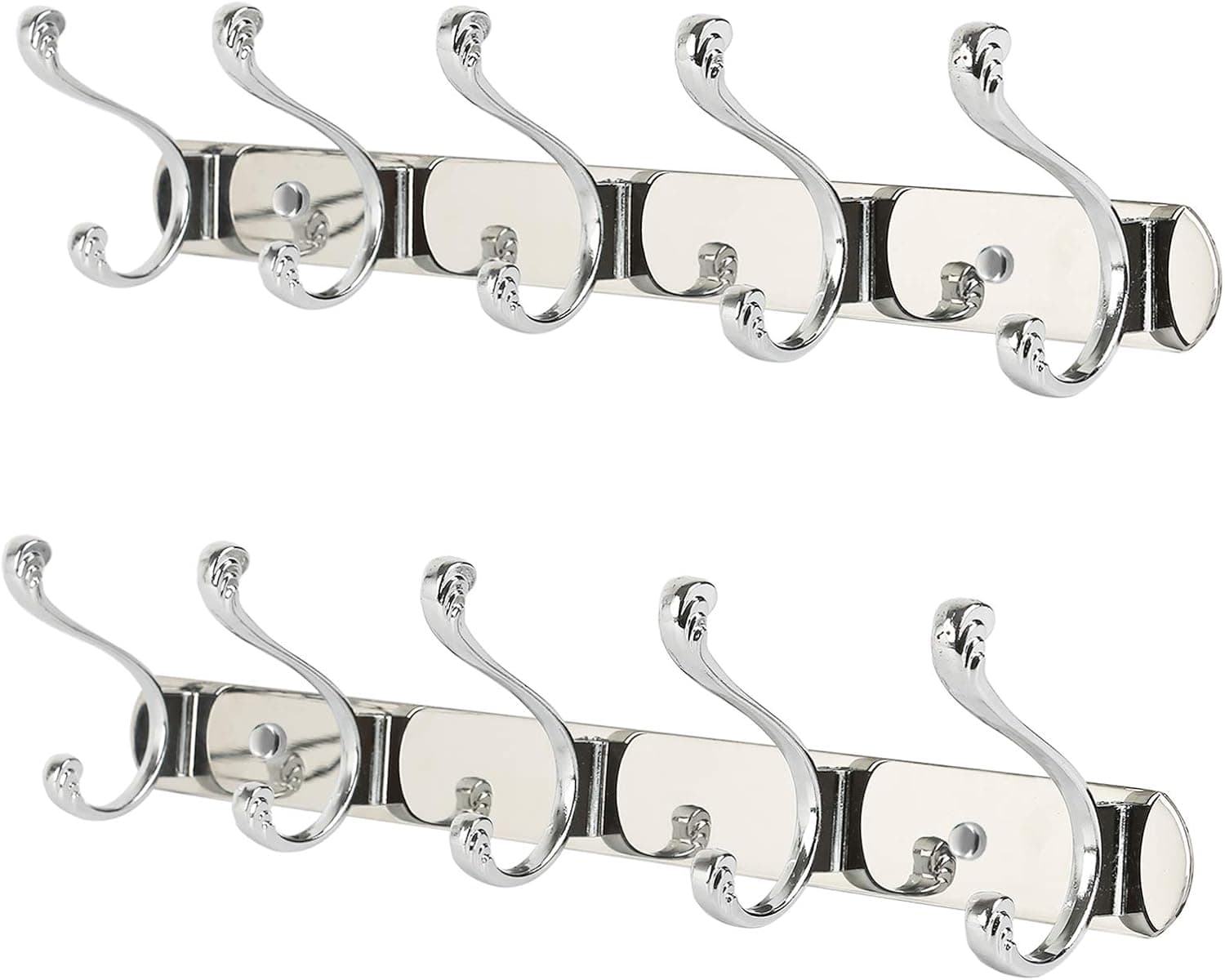 PHINGEER Coat Rack Wall Mount, Heavy Duty Stainless Steel with 5 Hooks, Metal Decorative Hook Rail Tiger Claw Hook for Hanging Coats, Hat, Robes, Umbrella (Silver, 2 Pack)