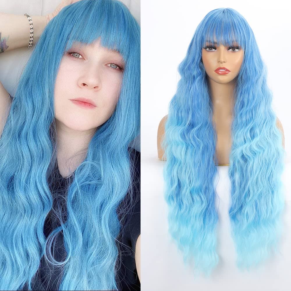 Blue Wig with Bangs Synthetic Wigs for Women Heat Resistant Synthetic Wig Natural Looking Machine Made Blue 26 Inch Hair Replacement Wig for Party Cosplay Body Wavy