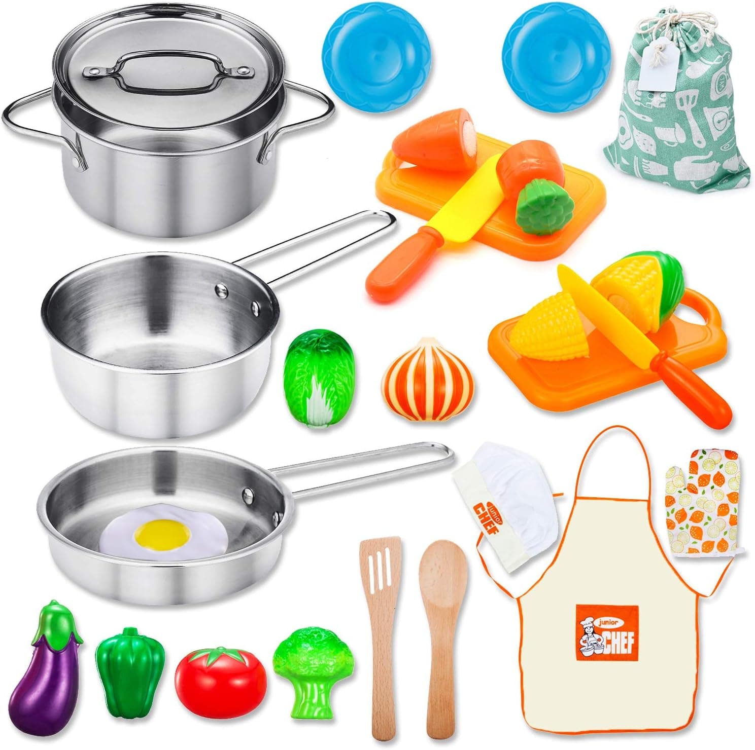 Kitchen Playset Accessories Toys - Stainless Steel Cookware Pots and Pans Set, Cooking Utensils, Apron, Chef Hat, and Cutting Play Food for Kids, Toddler and Boys Girls Educational Learning Tool