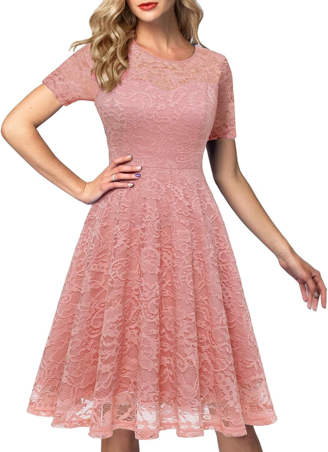 Aonour Women's Lace Cocktail Dresses Elegant Swing Dress Bridesmaid Party Dress with Short Sleeve